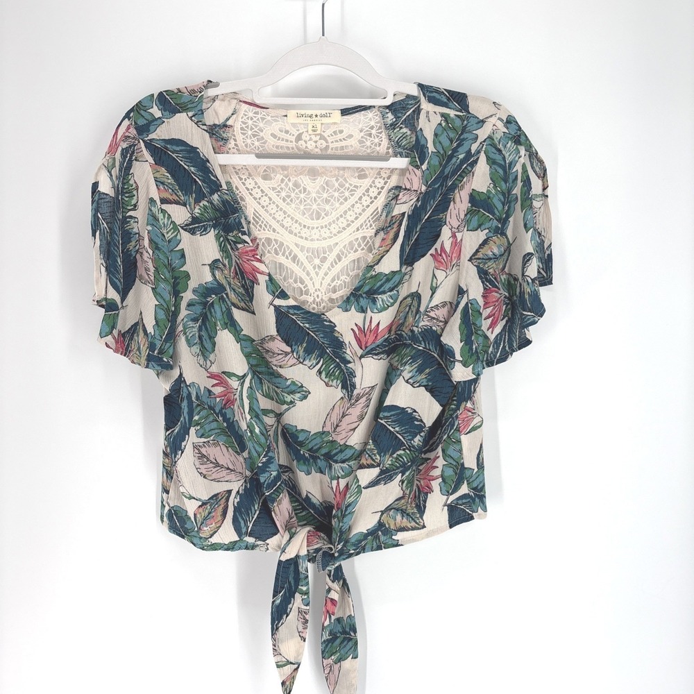 Tie Front Crop Top XL Green Lace Back Boho Coastal Cowgirl Living Doll
